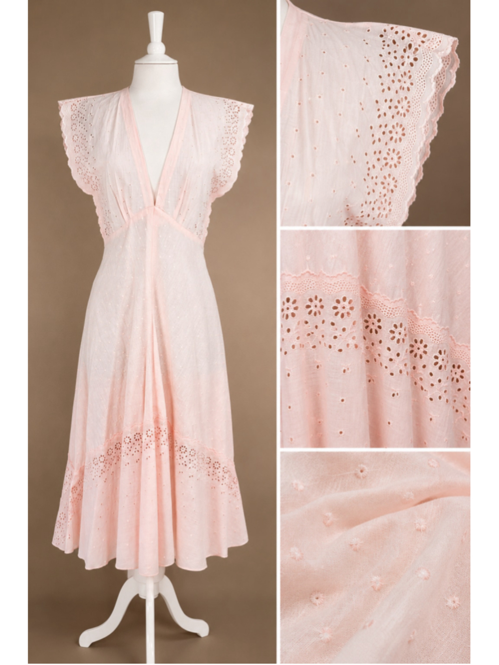 Vintage 70s Arjon California Pink Cotton Eyelet Maxi Dress - Picture 2 of 16